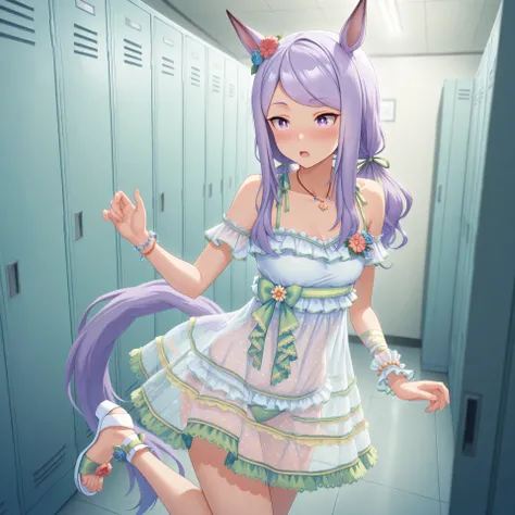 anime, lazypos, masterpiece, best quality, amazing quality, locker room, 1girl, solo, mejiro mcqueen\(umamusume\, horse ears, horse tail, white high heel sandals, necklace, bare shoulders, collarbone, light green bikini under clothes, low twintails, see-th...