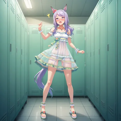 anime, lazypos, masterpiece, best quality, amazing quality, locker room, 1girl, solo, mejiro mcqueen\(umamusume\, horse ears, horse tail, white high heel sandals, necklace, bare shoulders, collarbone, light green bikini under clothes, low twintails, see-th...
