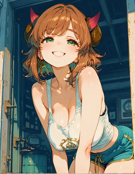 little niece with devil horns、Big Smile、forward leaning posture、tank top、((((Pochette))))、((((Parks))))、big boobs、shorts