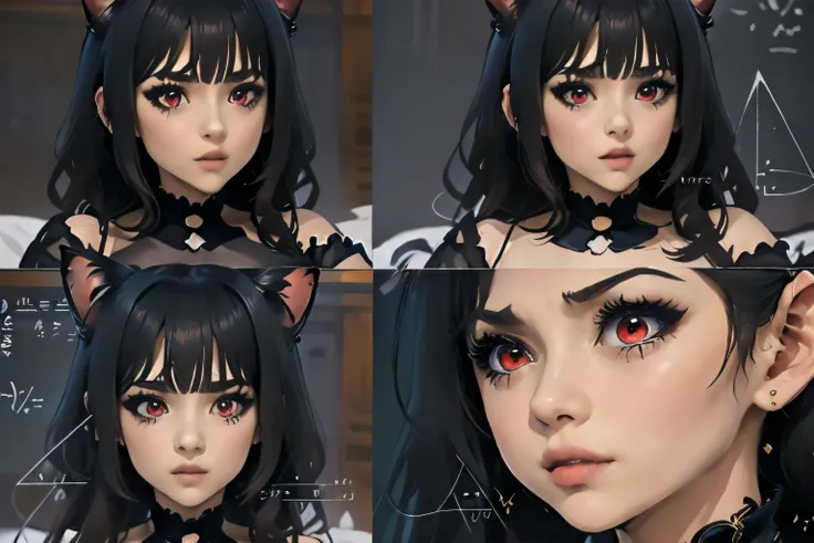 Highly detailed, High Quality, Masterpiece, beautiful, 1girl junkotvv, black hair, red eyes, cat ears, MathLadyMeme,  Black_outfit,  