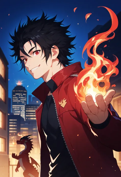 black hair, man, red eyes, white skin, strong, strong physique, black shirt, focus on character, city in background, night, smiling, cheerful, messy hair, looking at viewer, anime style, young, athletic, wizard, Gojou satoru, Magic, Red magic, red Magic, d...