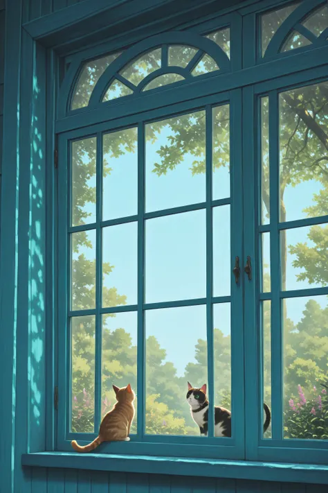 cat looking out of the window、Summer Scenery、Ghibli style、High definition cat,Interested々staring out of the window with a {x} expression,kitten,soft expression,leaning against a window frame,Scenery reflected on window glass, lush summer scenery ,sunlight ...
