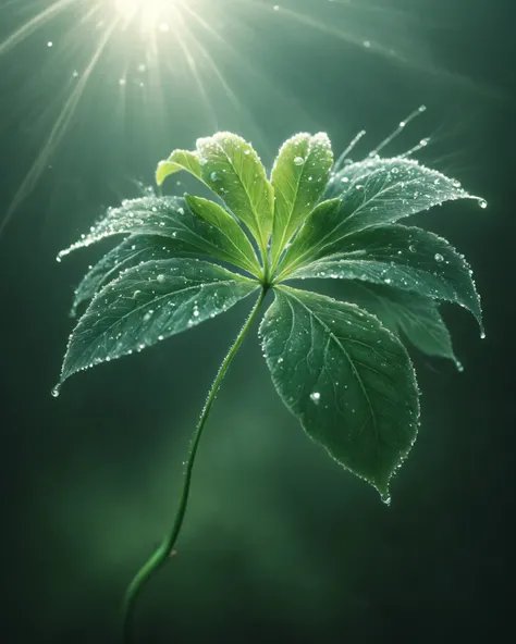    high quality, photorealistic,  ultra-detail , a delicate translucent sprout with iridescent turquoise veins, glowing dew drops on young leaves, thin antennae reach for the light, mystical glow from within, blurred dark background
