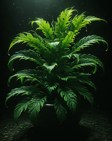    craftsmanship,  RAW Photo, super clear, exotic shoot with iridescent leaves, spiral-shaped stem with fine hairs, pulsating neon dots at the tips, moist black soil, moonlight creates mysterious shadows