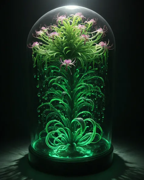 superb quality, 8k resolution, photorealism, a mysterious nascent shoot with a gradient from emerald to purple, glowing spores around, delicate scales on the stem reflect moonlight, thin tentacles-roots, small transparent pot,  mystical purple mist spreads...