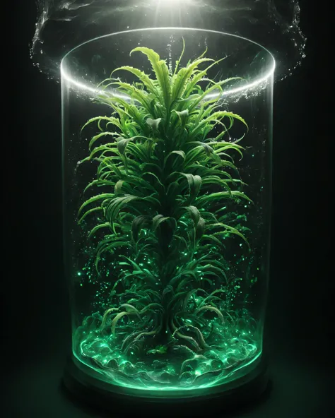 superb quality, 8k resolution, photorealism, a mysterious nascent shoot with a gradient from emerald to purple, glowing spores around, delicate scales on the stem reflect moonlight, thin tentacles-roots, small transparent pot,  mystical purple mist spreads...