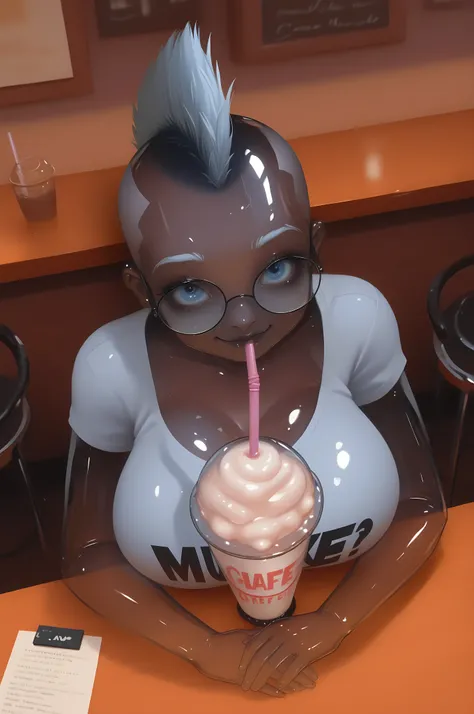 embedding:Stable_Yogis_Illustrious_Positives, invw41fu, digital art, front view, high angle, anime style, female, mohawk punk hair, glasses, cropped white punk t-shirt, shiny texture, huge breasts, sitting in cafe, hands on table, drinking a milkshake, ret...