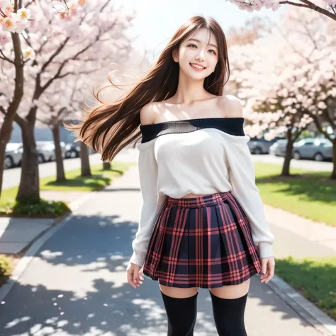 (masterpiece,best quality: 1.4),(8k,raw photo,photo realistic:1.2),shiny skin, detailed skin,detailed face,detailed eyes,Japanese idol,beautiful face,cherry blossom trees, under cherry blossom trees, one beautiful woman, beautiful Japanese woman, well-deve...