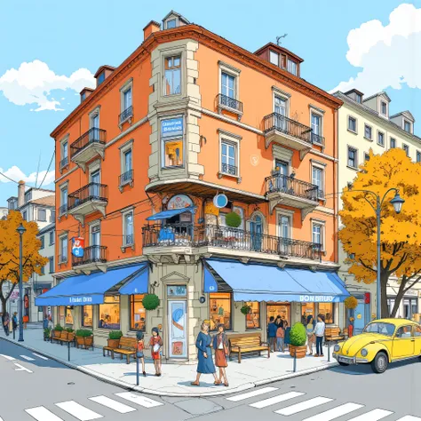 Ultra Detailed Paintings Inspired by Anime Characters ,cella di animazione, cella di animazioneの詳細,line art colorata, A vibrant hand-drawn illustration of a European-style city corner where a large historic building has a missing corner, forming a small ur...