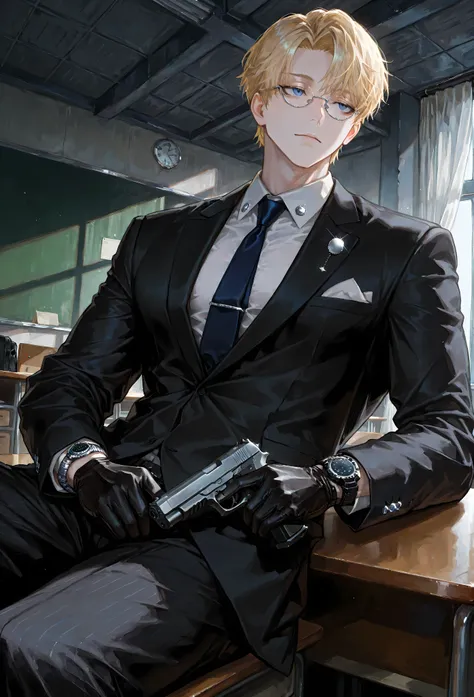 8k, beautiful masterpiece, looking ahead, alone, pale skin, Perfect Eyes shape, Athletic Build, ((He wears: black suit; white shirt; dark blue tie with silver pin; black gloves; 1 silver watch; 1 silver pince-nez glasses)), (((background is basement, is em...