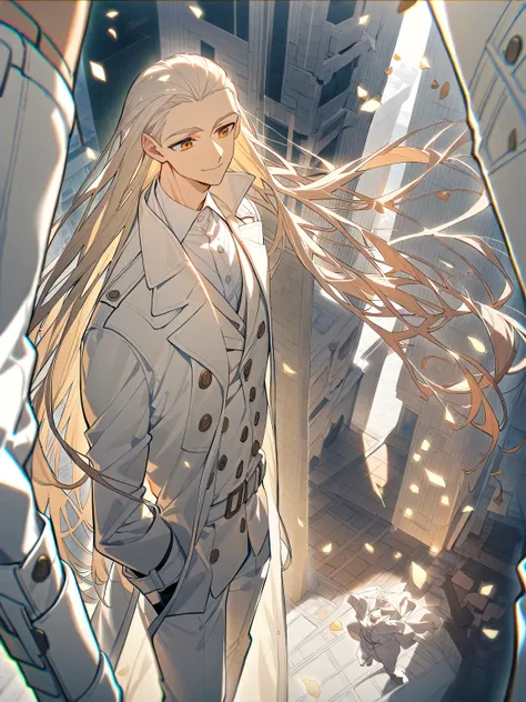 A man with long hair on the front，Wear a white to calf trench coat，Wear a white shirt and white vest underneath，Handsome white suit pants， positive perspective 