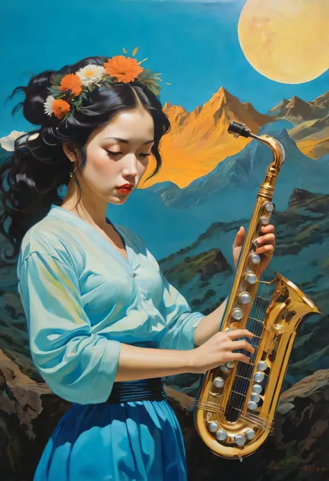 Surreal Harmony、 collage painting , foreign、((girl playing quena)), Light Aztec sound、poop poop、condors fly on the back、 wire, big harmonica, Nature, science, Dramatic, sexy, romanticism, surrealism、 neoclassical , Experimentalism, Baroque, Impre...