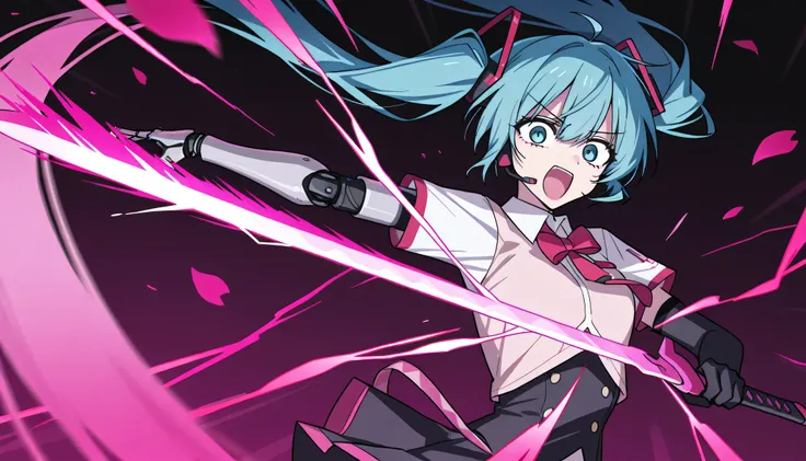Cyber-enhanced Japanese high school girl、throws a high-speed slash with her shining sword, she The mechanical right arm is in full operation mode, shining with red energy streaks. her body twists in the air, and the skirt and ribbon soar violently、she cuts...