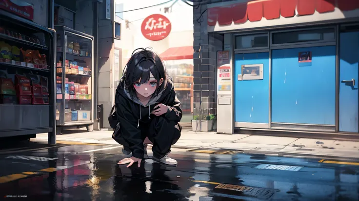 a cinematic close-up of a young woman with disheveled hair in a convenience store parking lot at 3AM, wearing a hoodie and smeared makeup, her eyes glowing slightly under the flickering fluorescent lights, urban background blurred, reflective puddles on as...