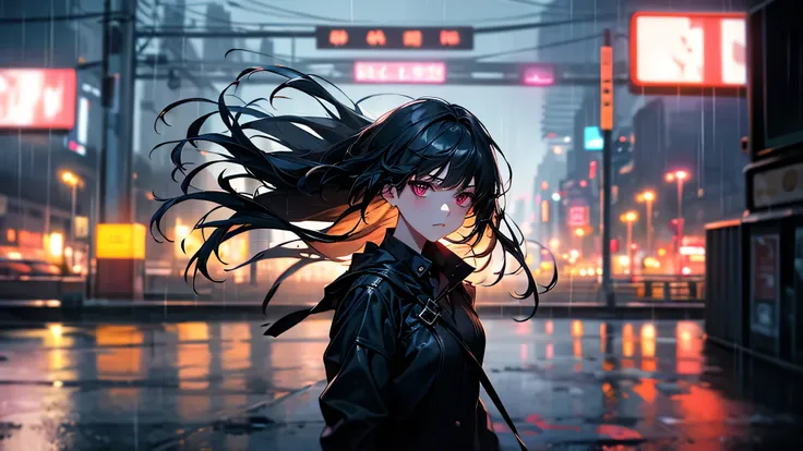a cinematic close-up of a young woman standing alone under a neon-lit overpass at night, her face softly illuminated by scattered reflections, rain dripping from her bangs, expression calm but melancholic, blurred city lights in the background, wind gently...