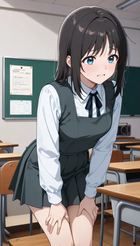 An image of Haruyama Hana, cuerpo delgado, moaning , shy, tight school uniform, tight white shirt, mini pleated, collared shirt,  , grey vest, long sleeves, gray skirt, black socks, detention ,   , Radio room , vista lateral, leaning forward, hands on her ...