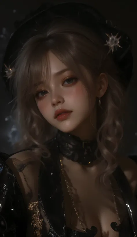 comeback in darkness, Light of a feather, oil painting, ink artistic conception, hyper-realistic, depth of field, charming, desire, Obscene, Captivating body lines,((黒いレースのボディースーツ、漆黒のタイトスカート、ストッキング、黒いハイヒール))、 ((fine facial features, eroticism)), dramatic l...