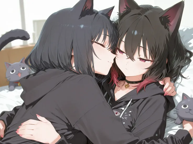 Neko girl with black hair and red tips cuddling you