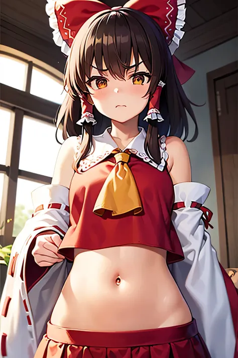 super fine illustration, vibrant colors, masterpiece, sharp focus, best quality, depth of field, ultra detailed, navel, shrine maiden, hakurei reimu, 1girl, hair bow, ascot, hair tubes, detached sleeves, red shirt, red skirt, half skirt, very long hair, da...