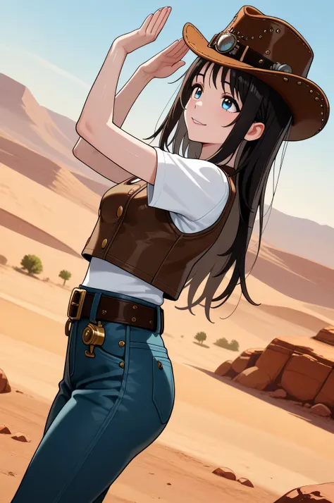 haruyama hana , bright eyes, smooth coat, long hair, share, thin lips body, shiny skin,     smile, skinny jeans with white thong, (the steampunk cowgirl costume, cowboy hat, white t-shirt, Denim vest, belt, denim skirt, ), shiny suits , (skin texture),  RE...