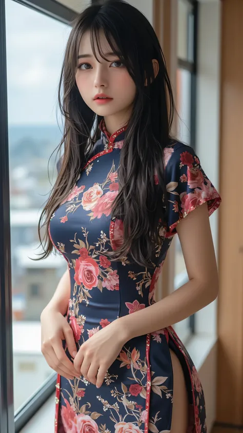 32K, masterpiece, top quality, (beautiful Korean women) with a slender figure、unusually big, plump breasts, ((black hair)), long black hair, cute Japanese idol, Korean idol, Japanese woman, only daughter, cute Japanese girl, forced smile,thighs、garter belt...