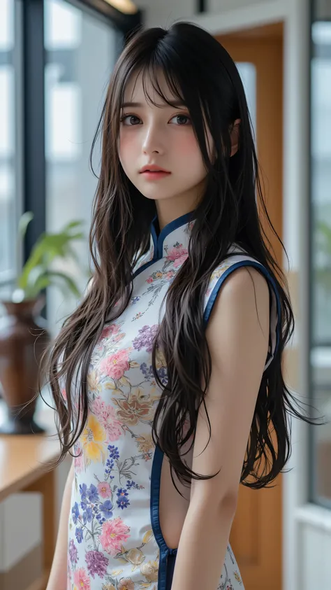 32K, masterpiece, top quality, (beautiful Korean women) with a slender figure、unusually big, plump breasts, ((black hair)), long black hair, cute Japanese idol, Korean idol, Japanese woman, only daughter, cute Japanese girl, forced smile,thighs、garter belt...