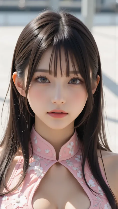 32K, masterpiece, top quality, (beautiful Korean women) with a slender figure、unusually big, plump breasts, ((black hair)), long black hair, cute Japanese idol, Korean idol, Japanese woman, only daughter, cute Japanese girl, forced smile,thighs、garter belt...
