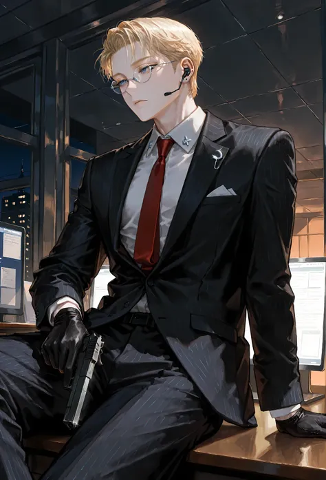 8k, beautiful masterpiece, looking ahead, alone, pale skin, Perfect Eyes shape, Athletic Build, ((He wears: black suit; white shirt; dark red tie with silver pin; black earpiece; black gloves; 1 silver pince-nez glasses)), (((background is office at night,...