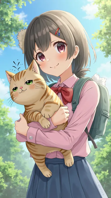 (Masterpiece, best quality ,  Details), Alone,  Hiking Trails , Journey with striped cats, Aside, cat o nature, a girl and a cat , sakurajima mai,  red tie,  pink shirt,  BLUE SKIRT, 顔の Details,  hair clips, cat fur decoration ,  A girl with a cat smiles and looks at the camera。