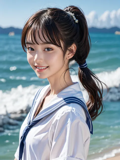 ,cute,4K,8k,16 kg,masterpiece,smile, sailor suit ,Beautiful shoulders, ponytail