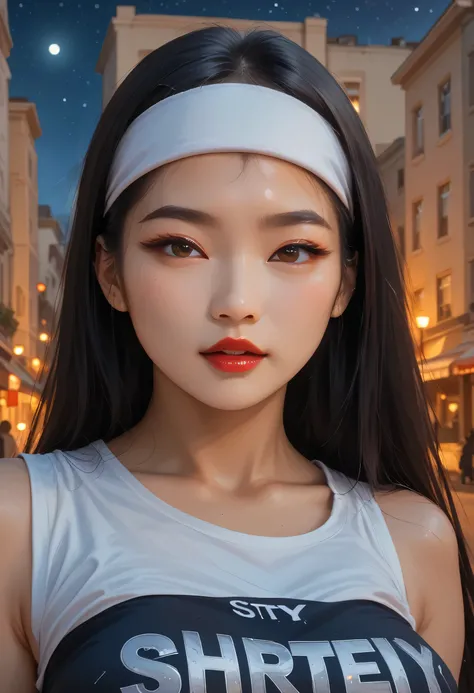 (female asian, face asian), perfect face, black hair, very long straight hair, white headband, black eyebrows, thick eyebrows, black eyelashes, black eyeliners, light brown eyes, bright red lips, beautiful asian, beautiful woman, white tank top, (medium br...