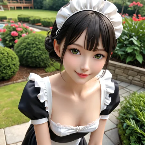 (1人の可愛いyounger女の子)、Maid,I take care of a garden outside a traditional western house,Beautiful girl leaning forward, Black lace stockings,from above,watching over viewers,(Smile Yang :0.86), (younger:0.80),(skinny:1.37),(big boobs:0.79),Japanese