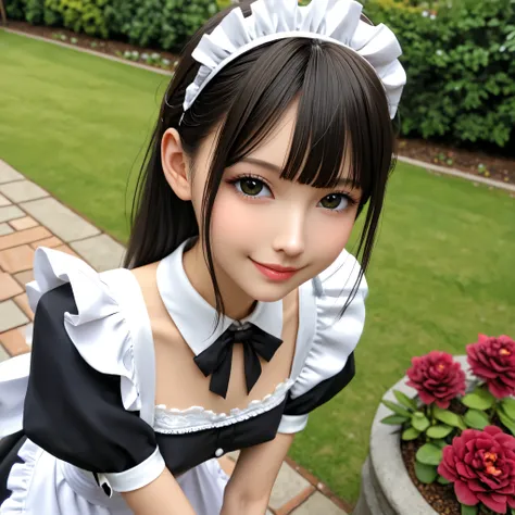 (1人の可愛いyounger女の子)、Maid,I take care of a garden outside a traditional western house,Beautiful girl leaning forward, Black lace stockings,from above,watching over viewers,(Smile Yang :0.86), (younger:0.80),(skinny:1.37),(big boobs:0.79),Japanese