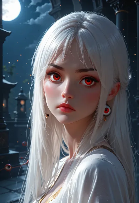 realistic image, 4k, (additional details), (((ultra detailed))), ((very beautiful woman)), oriental, serious, (long white hair), ((red eyeball)), moonlight,