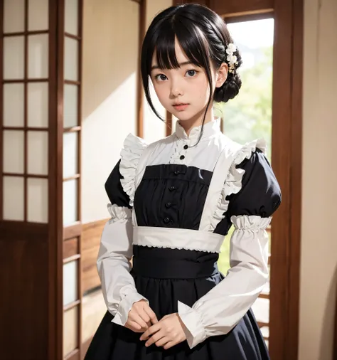 S,Thin Arms,small hips,narrow shoulders,delicate, , official art,4K,8k, Victorian Morning , race, white skin,Maid,Maid服, black hair, Japanese
