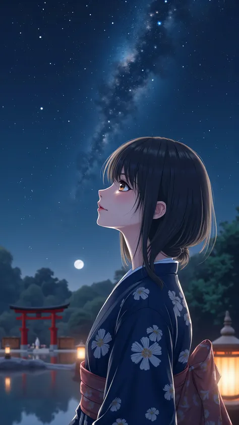 Milky Way Galaxy View and Night Sky 、one woman、Straight Hair、Beautiful Shiny Hair、bundle、long sleeve、detailed eyes and face、Eye Enhancement、soft lighting、High Resolution Unified CG 8K Wallpaper、Intricate Details、portrait、staring at the stars、alone、half sho...