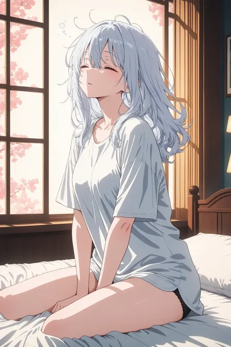 (masterpiece, creative concept), anime style, midshot of a sleepy and alluring young woman just waking up, wearing an oversized T-shirt that drapes loosely over her body, lower half only in underwear, tousled bed hair, sitting casually on the edge of the b...