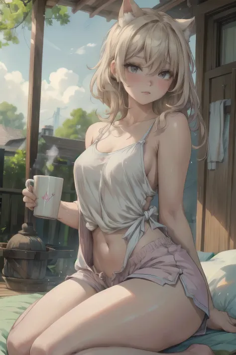 A peaceful suburban street bathed in the soft, warm glow of late afternoon sunlight. On a small, wooden porch, the neighbor’s sister stands in an adorably sleepy pose typical of anime charm. She wears an oversized, loose tank top slipping off one shoulder ...
