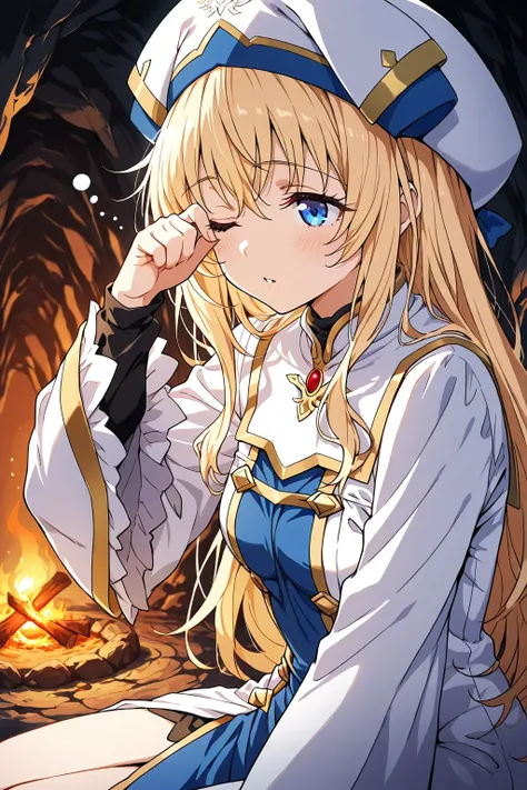 pov, 1girl, from side view, close up of detailed face of priestess \(goblin slayer!\) sitting in a cave,  just woke up, rubbing her sleepy one eye with one hand, half-open lips, soft messy hair, soft lighting, warm orange campfire glow reflecting on her sk...