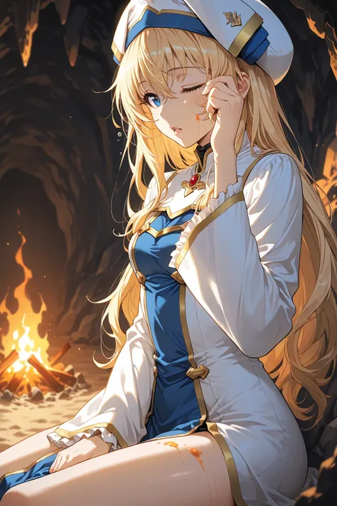 1girl, from side view, close up of detailed face of priestess \(goblin slayer!\) sitting in a cave,  just woke up, rubbing her sleepy one eye with one hand, half-open lips, soft messy hair, soft lighting, warm orange campfire glow reflecting on her face, l...