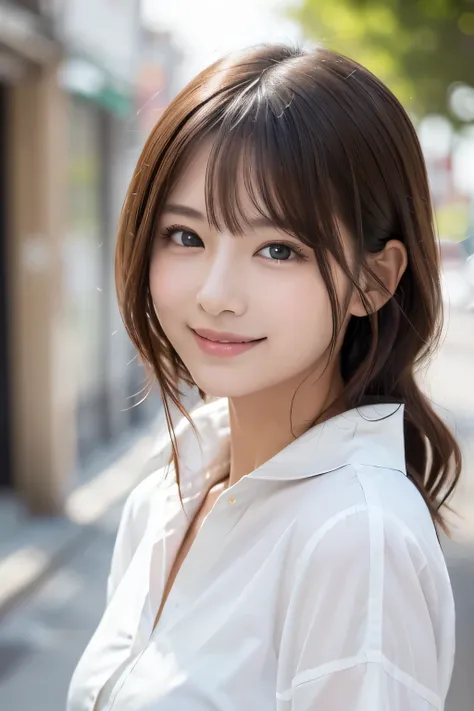 A close up of a woman in a whiteshirt posing for a picture, Long shirt,  A white shirt with a large collar ,  wearing white shirt, fine white shirt,  wearing a light shirt,  is wearing an oversized shirt,  looking at camera、, detailed beautiful eyes 、 cute...