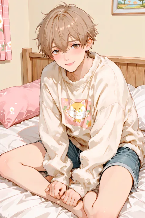 Masterpiece, best quality, ultra high quality, 8k, detailed illustration, solo, 1male, aesthetic, warm atmosphere, crisp, cozy, soft, gentle, short fluffy hair, small, thin, twink, light brown hair, kawaii, light blush, shy, clingy, pathetic, full body, sa...