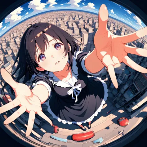 Perspective on people，Top view：1.5, beautiful anime girl"Rem"- Head up - Reach out， alone，reaching for help，White clouds under your feet， fisheye perspective, Top view, 