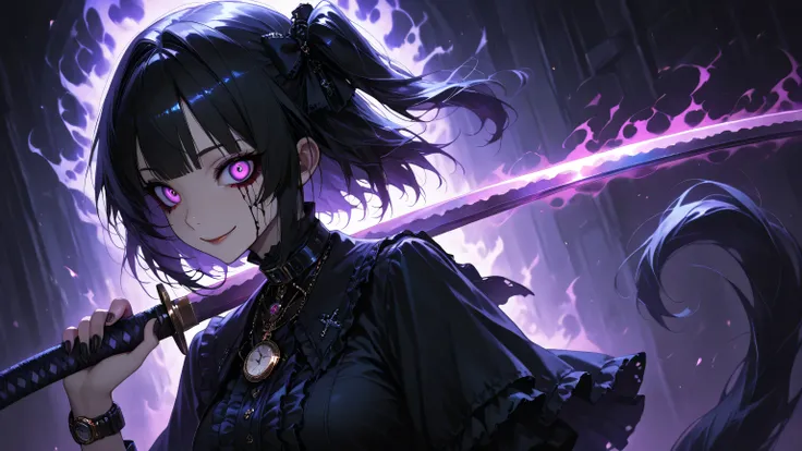  masterpiece,  top quality,  general , horror aura light,Sluisap,Sakimistyle,XXX668 _illu,748cmstyle,dark gothic, great quality,  CHARACTER FOCUS ,  minimalist,  side angle,  upper body,  Princess cut, Long horse tail , Cybernetic , has katana, pose smile ...