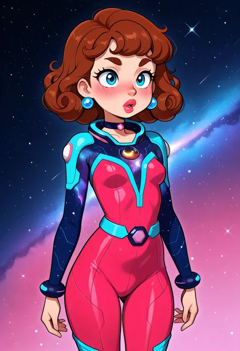 Galaxy to space, 1girl, curly hair, brown hair, brown thin eyebrows, big blue eyes, nose, pink blush, bright red thick lips, perfect face, beautiful girl, small breasts, bodysuit, jewelry, choker, standing