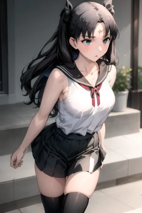 can you draw a woman in a Sailor Moon costume,Big Breasts,Beautiful legs,boots,sleeveless,Pleated Miniskirt,looking straight in the face,I need a face,, レッドsleevelessセーター, black twin tail ,{{X}},looking straight in the face,big boobs,I'm drawing her expre...