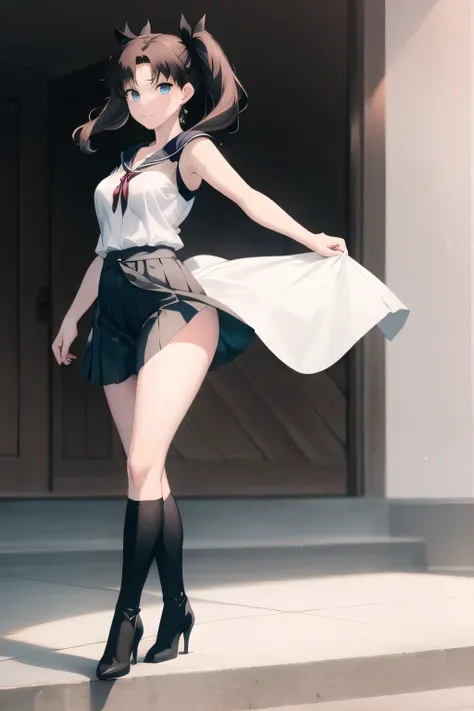 can you draw a woman in a Sailor Moon costume,Big Breasts,Beautiful legs,boots,sleeveless,Pleated Miniskirt,looking straight in the face,I need a face,, レッドsleevelessセーター, black twin tail ,{{X}},looking straight in the face,big boobs,I'm drawing her expre...