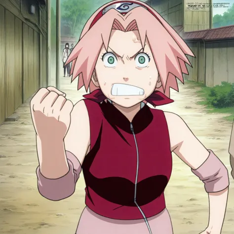 1girl,haruno sakura standing look at the viewer, BREAK pink hair, short hair, red hairband, green eyes, parted bangs, BREAK red sleeveless minidress, zipper, pink miniskirt, bandaged thigh, BREAK medium breasts, beautiful body, beautiful legs , masterpiece...