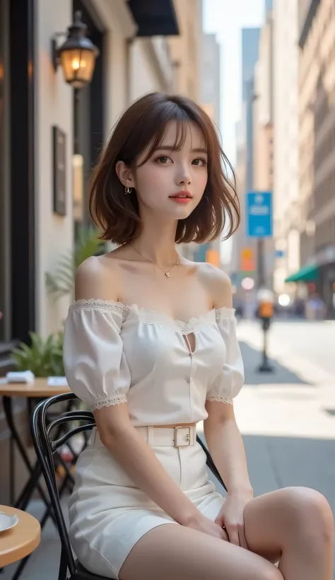 ((New York street corner、woman sitting on a cafe terrace))、OC Emotion Codex(masterpiece、Top quality、sunlight、Super Detailed、書かれた境界の深さwindに揺れるストレートヘア , Show your ears , Embarrassing expression , Feeling embarrassed (RAW photo , Highest image quality) , (rea...