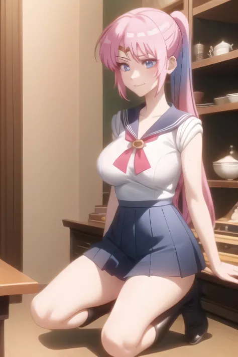 ponytail hair ，sailor moon costume,sleeveless，pleated micro mini skirt filled with milk,boots，big boobs、beautiful legs，can you draw a woman with long pink hair，can you draw a nice smile,，white blouse，Navy Blue Miniskirt,，OL ，pink hair　long hair，draw a more...